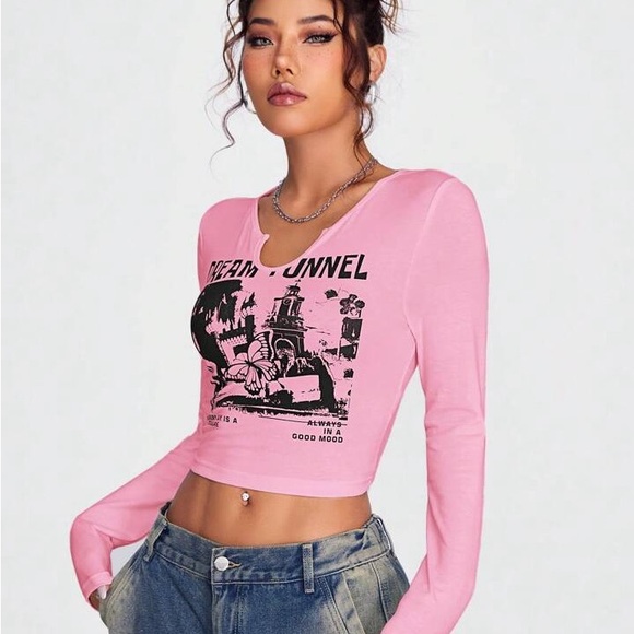 SHEIN Tops - SHEIN Pink Graphic Long Sleeve Crop Top